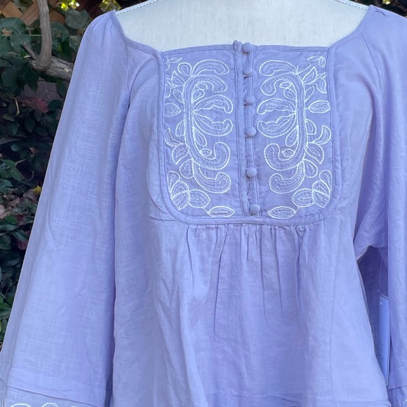 Balloon Sleeve Cotton Blouse Babydoll Top Embroidery SIZE XL Calligraphie - Picture 8 of 9